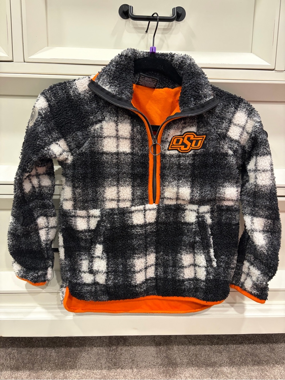 Kids' Black & White Plaid Sherpa Pullover with Orange Trim OSU 6/6x